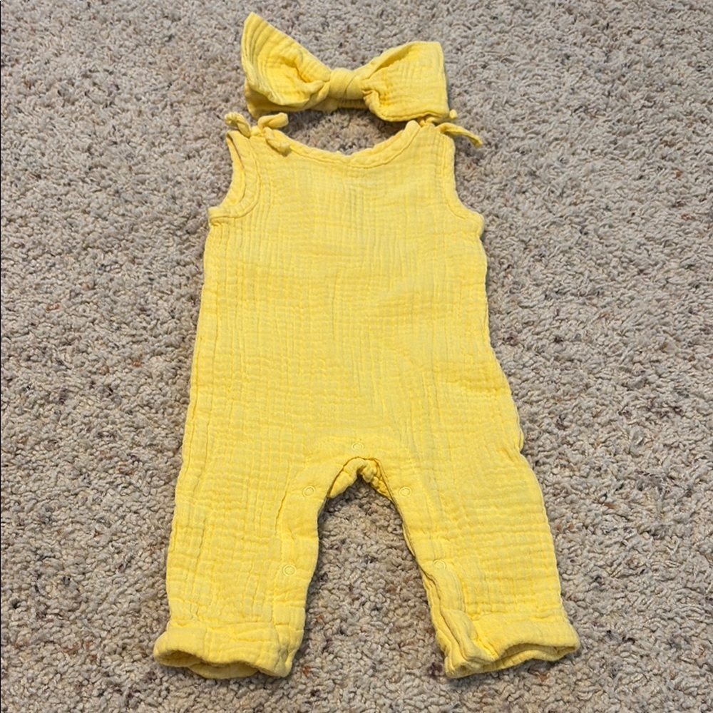 chick pea Yellow Muslin One-Piece Romper with Bow Headband